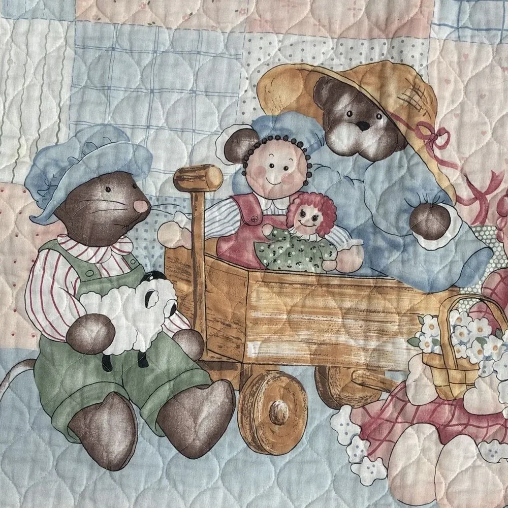 Quilted Crib Quilt Blanket Blue Pink Patchwork Teddy Bears Rag Doll Theme